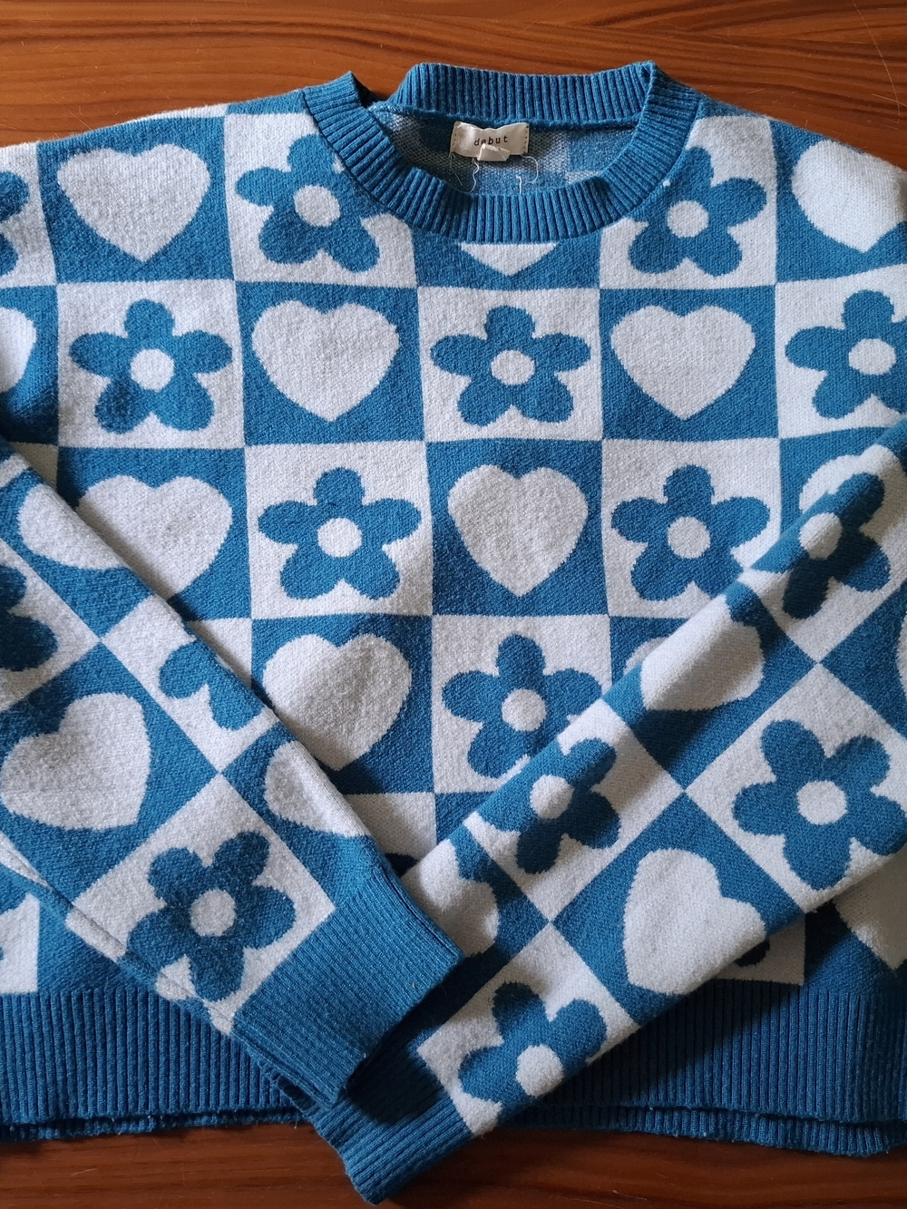 debut Blue and White Heart & Flower Crewneck Sweater